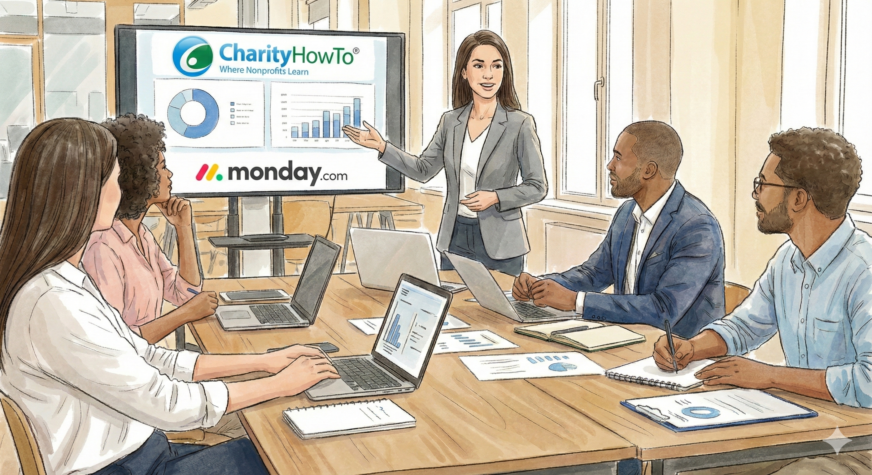 CharityHowTo Monday.com presentation on screen
